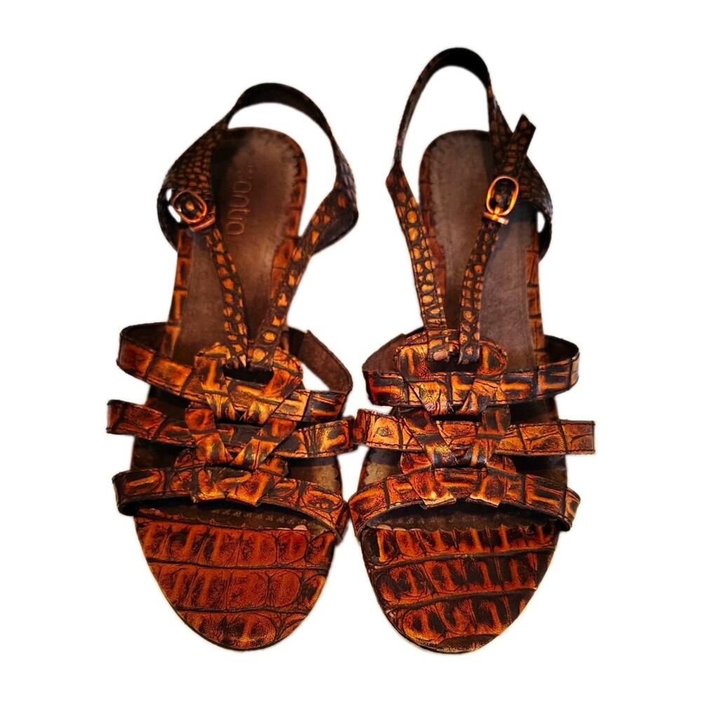 Antia Brown Leather Crocodile Strappy Buckle Sandals Block Heel US 7.5N EU 37.5